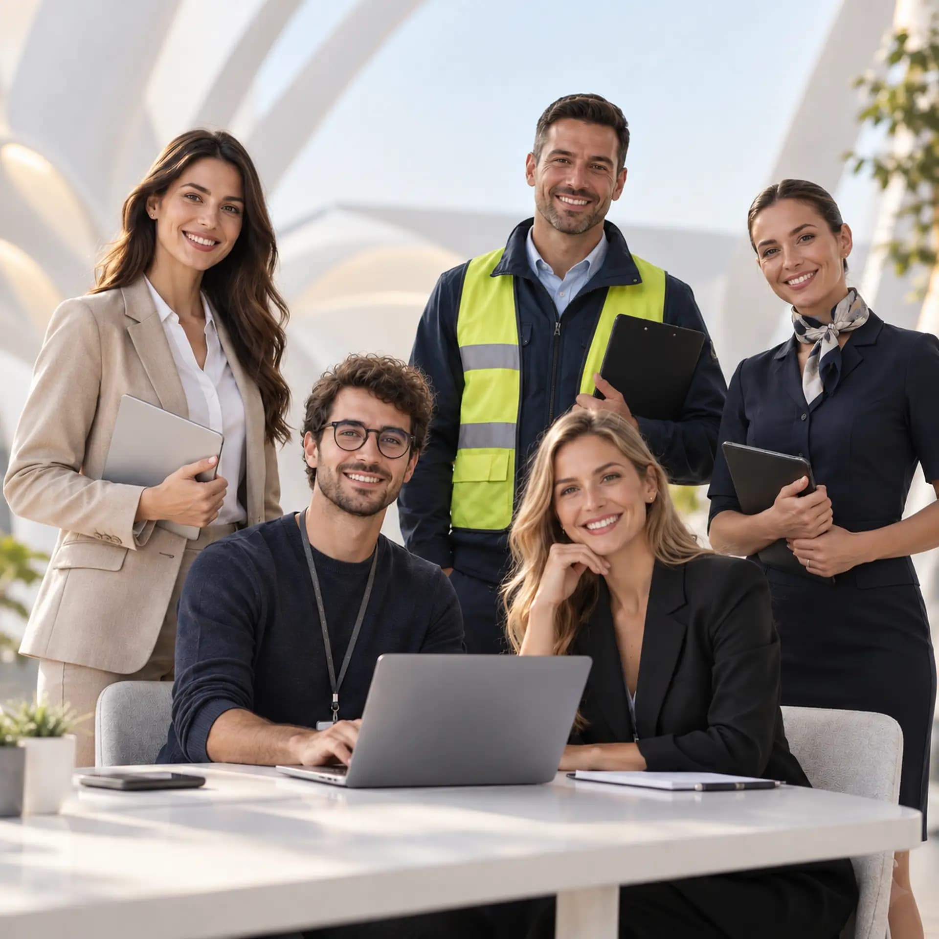 A team of business people gathered around a laptop