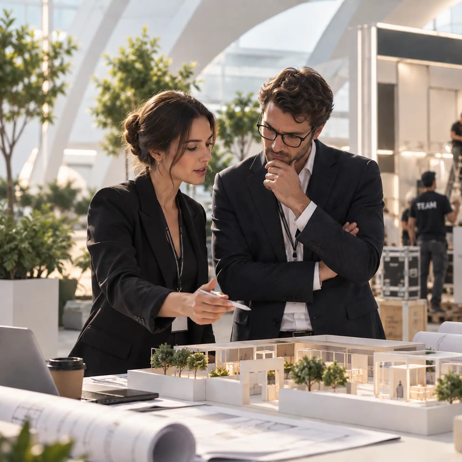 Two business people looking over an architectural model